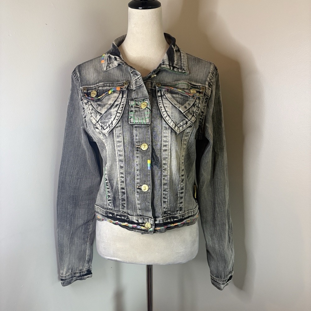 VTG Y2K Akademiks Rainbow Stitch Cropped Denim Jacket NWT Smoke Gray XL